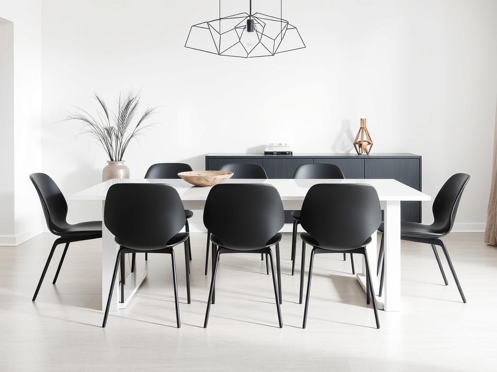 Moderne witte eettafel met strakke zwarte stoelen in een minimalistisch interieur Moderne witte eettafel met strakke zwarte stoelen in een minimalistisch interieur
