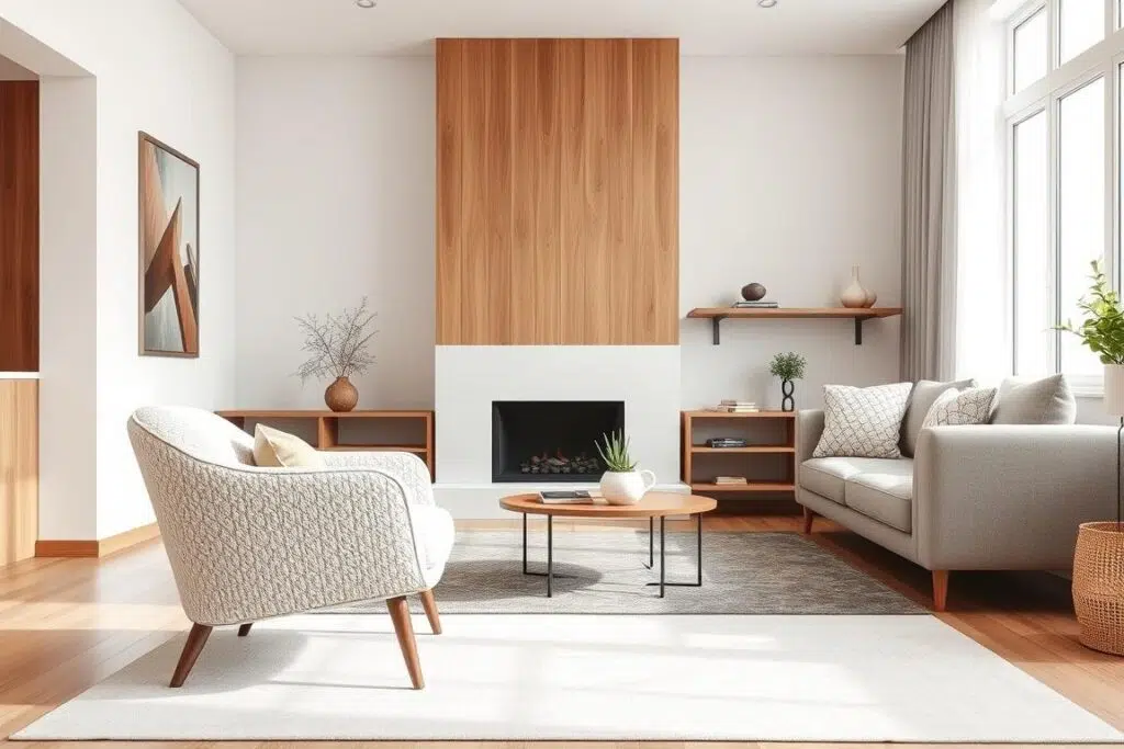 Moderne woonkamer met bouclé fauteuil in een lichte, neutrale kleurstelling Moderne woonkamer met bouclé fauteuil in een lichte, neutrale kleurstelling