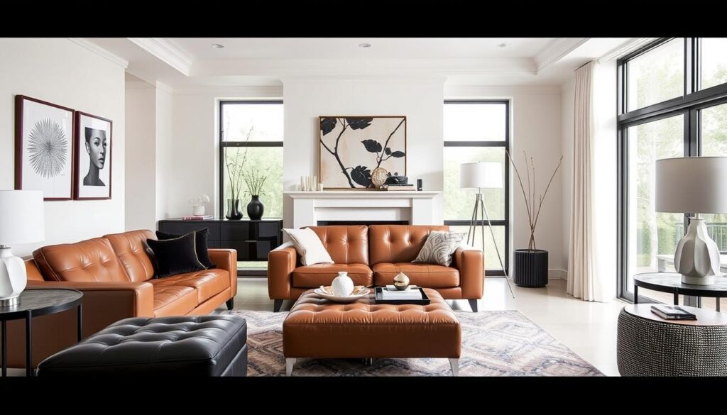 Moderne woonkamer met diverse imitatieleer meubels en accessoires Moderne woonkamer met diverse imitatieleer meubels en accessoires