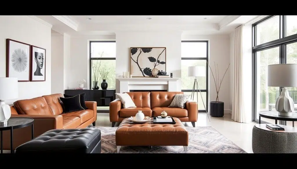 Moderne woonkamer met diverse imitatieleer meubels en accessoires Moderne woonkamer met diverse imitatieleer meubels en accessoires