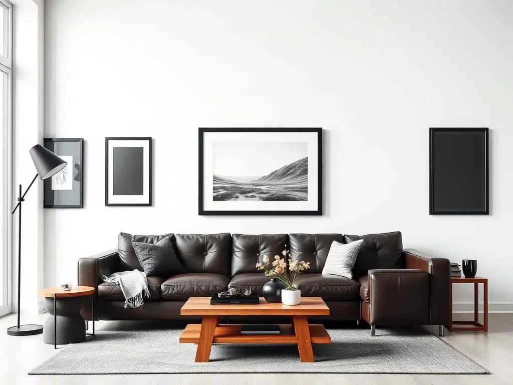 Moderne woonkamer met donkerbruine meubels tegen witte muren en zwarte accenten Moderne woonkamer met donkerbruine meubels tegen witte muren en zwarte accenten