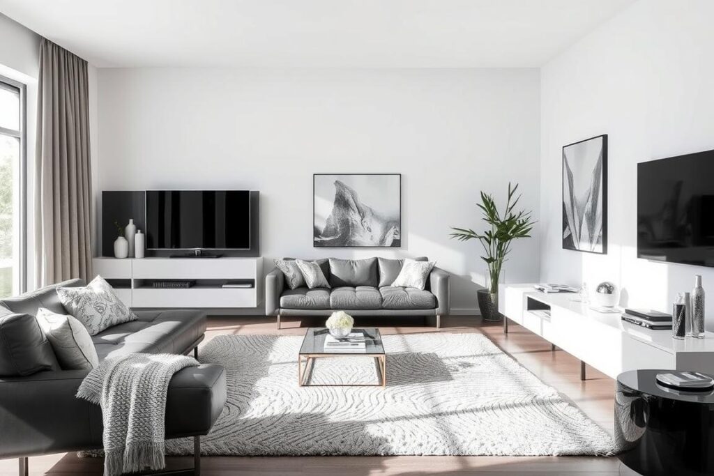Moderne woonkamer met een neutraal kleurenpalet van wit, grijs en zwart, aangevuld met verschillende texturen Moderne woonkamer met een neutraal kleurenpalet van wit, grijs en zwart, aangevuld met verschillende texturen