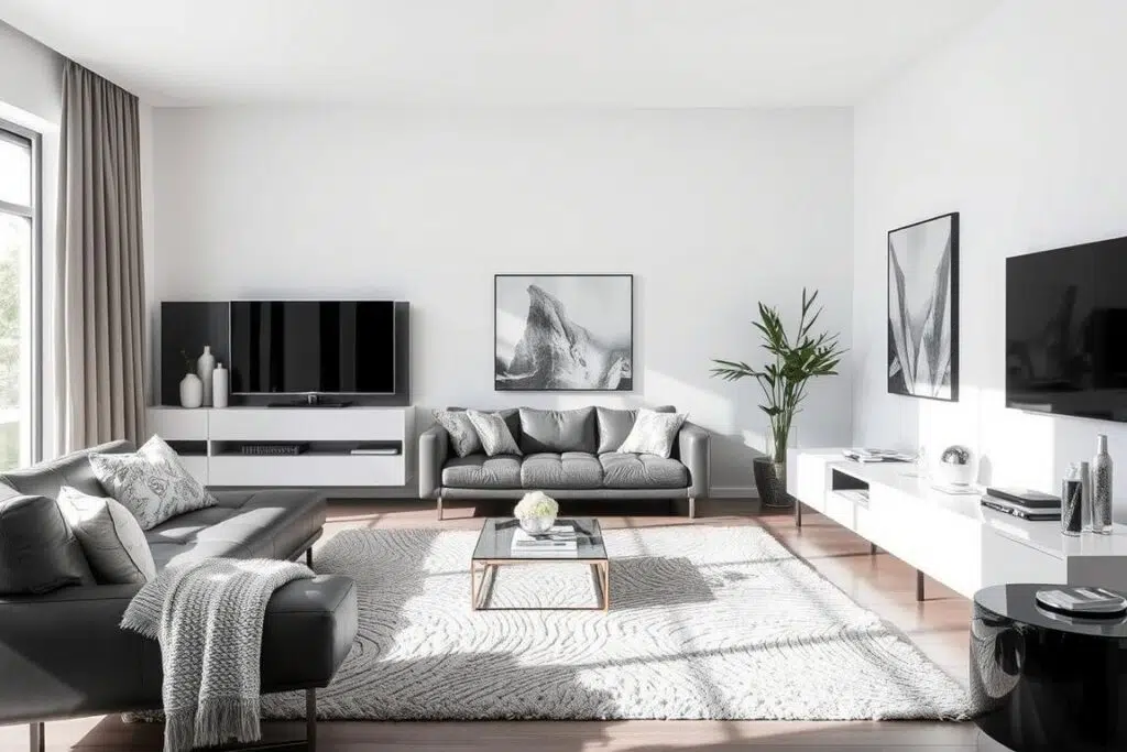 Moderne woonkamer met een neutraal kleurenpalet van wit, grijs en zwart, aangevuld met verschillende texturen