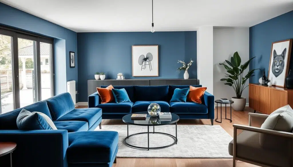 Moderne woonkamer met fluwelen meubels als centraal element Moderne woonkamer met fluwelen meubels als centraal element