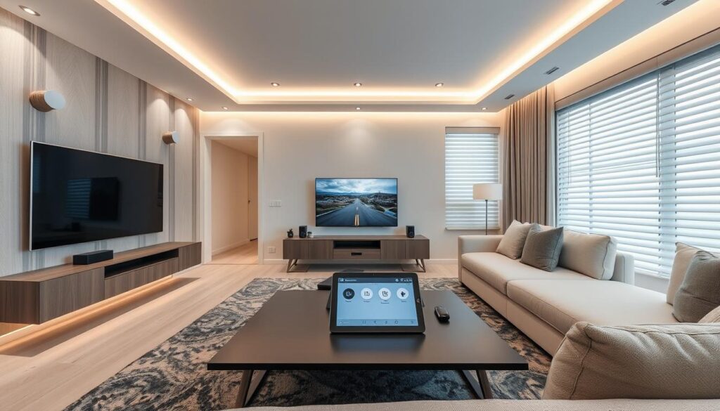 Moderne woonkamer met geïntegreerde smart home technologie die onzichtbaar is verwerkt in het interieurontwerp Moderne woonkamer met geïntegreerde smart home technologie die onzichtbaar is verwerkt in het interieurontwerp