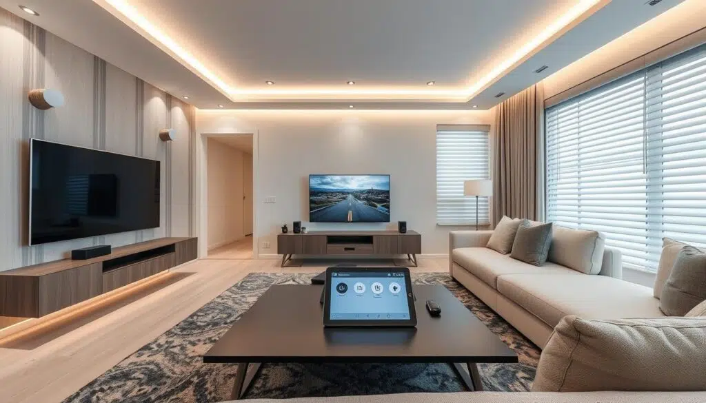 Moderne woonkamer met geïntegreerde smart home technologie die onzichtbaar is verwerkt in het interieurontwerp