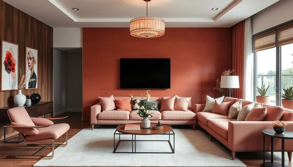 Moderne woonkamer met roestbruine en roze elementen die een elegante combinatie vormen Moderne woonkamer met roestbruine en roze elementen die een elegante combinatie vormen
