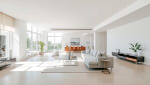 Moderne woonkamer met strakke lijnen, neutrale kleuren en minimalistisch meubilair