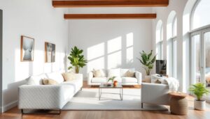 Moderne woonkamer met witte boucle banken, fauteuil en grote ramen met natuurlijk licht.