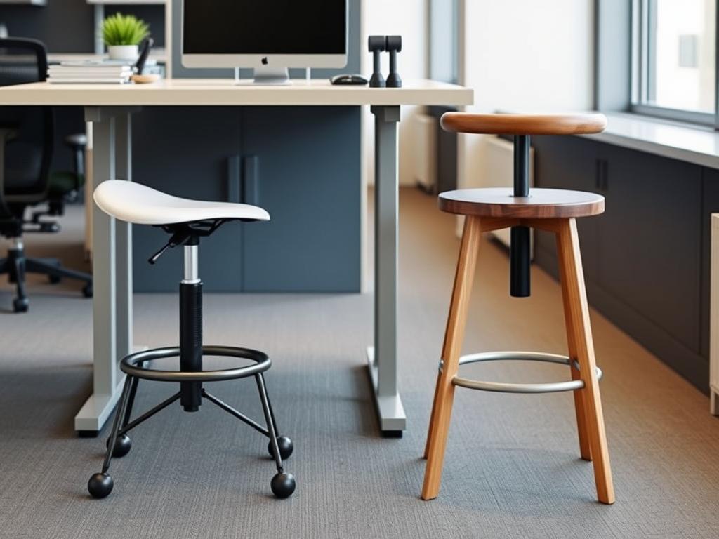 Moderne zadelkruk en hoge kruk naast een sta-bureau in een kantooromgeving