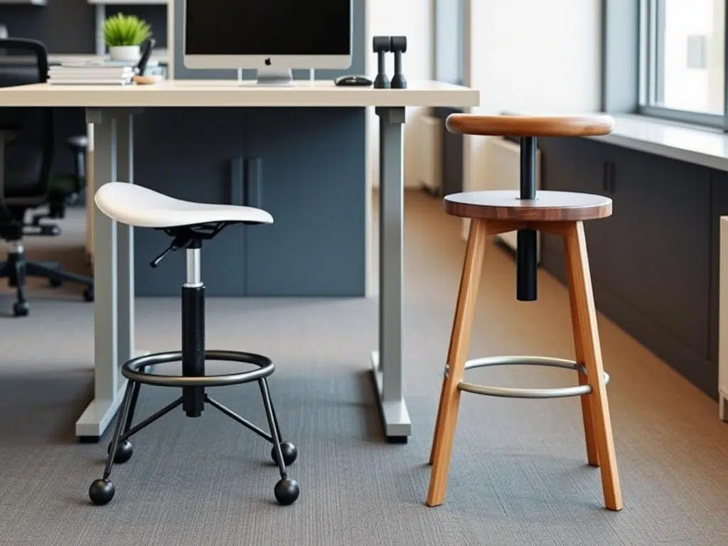 Moderne zadelkruk en hoge kruk naast een sta-bureau in een kantooromgeving Moderne zadelkruk en hoge kruk naast een sta-bureau in een kantooromgeving
