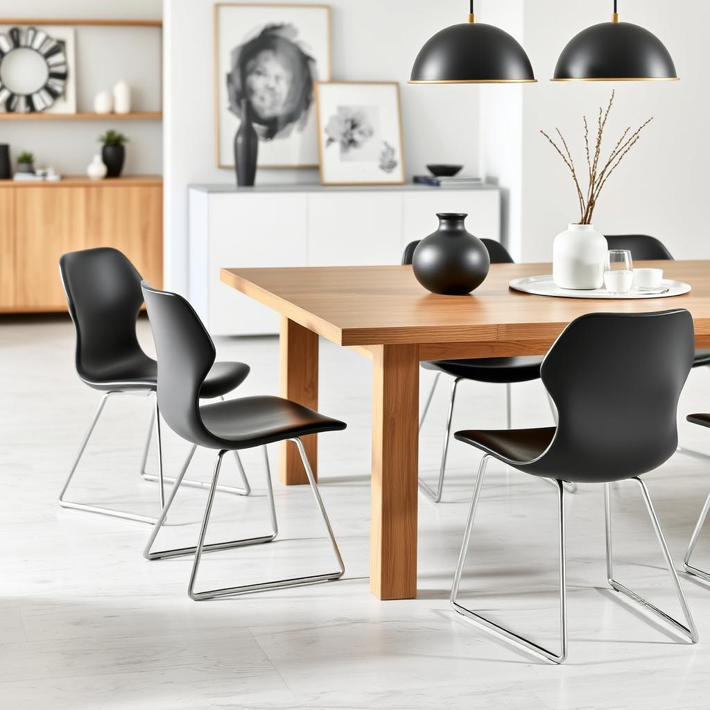 Moderne zwarte stoelen bij een eikenhouten eettafel Moderne zwarte stoelen bij een eikenhouten eettafel