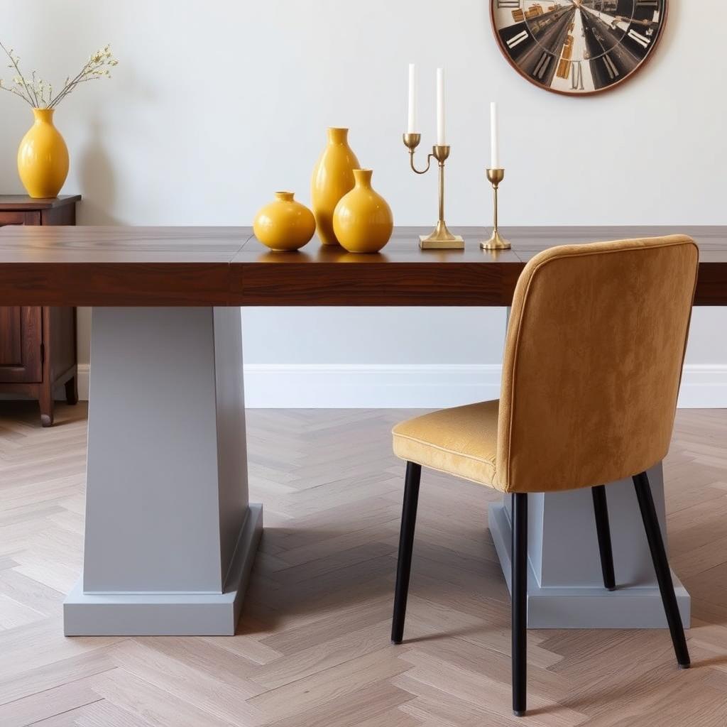 Mosterdgeel als accentkleur bij een donkerbruine tafel Mosterdgeel als accentkleur bij een donkerbruine tafel