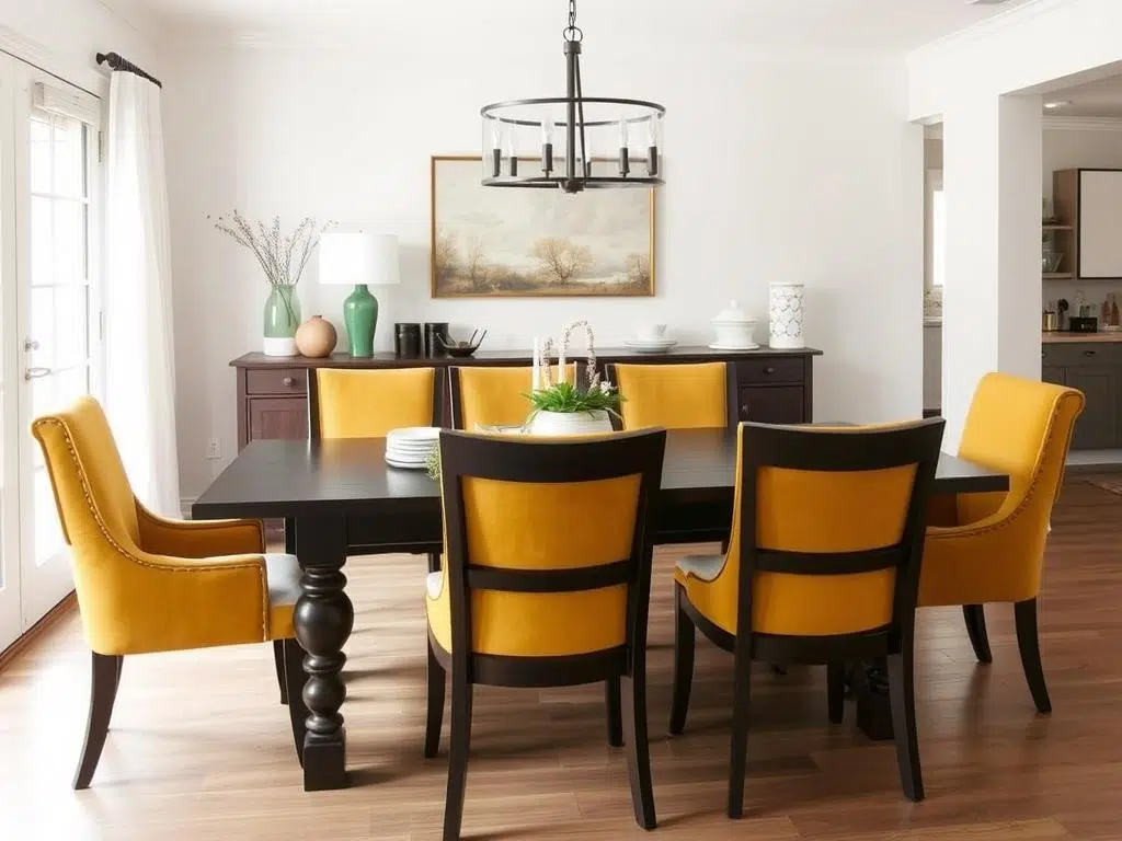 Mosterdgele eetkamerstoelen rondom een donkerbruine tafel die een warm contrast creëren Mosterdgele eetkamerstoelen rondom een donkerbruine tafel die een warm contrast creëren