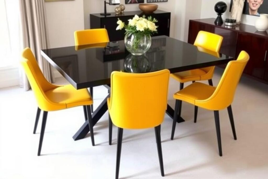Mosterdgele stoelen rondom een zwarte eettafel voor een opvallend contrast Mosterdgele stoelen rondom een zwarte eettafel voor een opvallend contrast