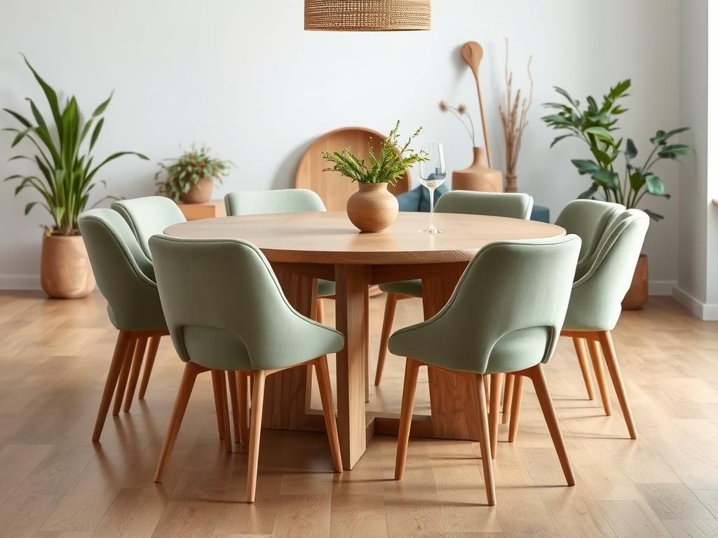 Naturel eikenhouten tafel met zachtgroene stoelen Naturel eikenhouten tafel met zachtgroene stoelen