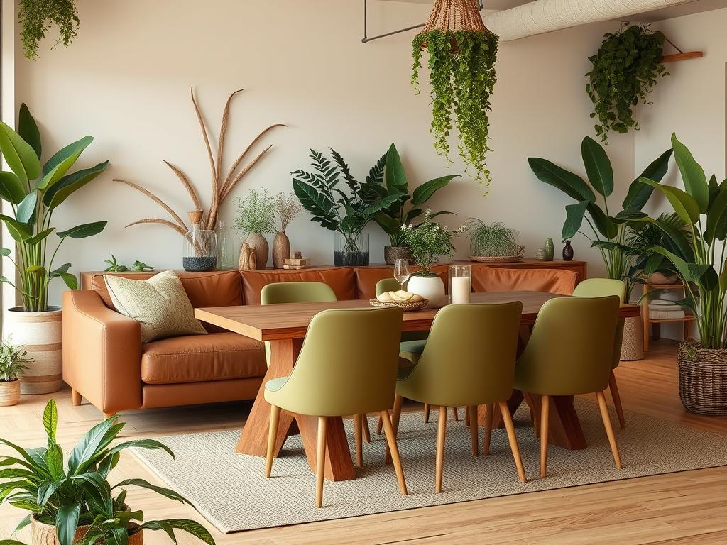 Natuurlijk interieur met bruine leren bank en olijfgroene eetkamerstoelen Natuurlijk interieur met bruine leren bank en olijfgroene eetkamerstoelen