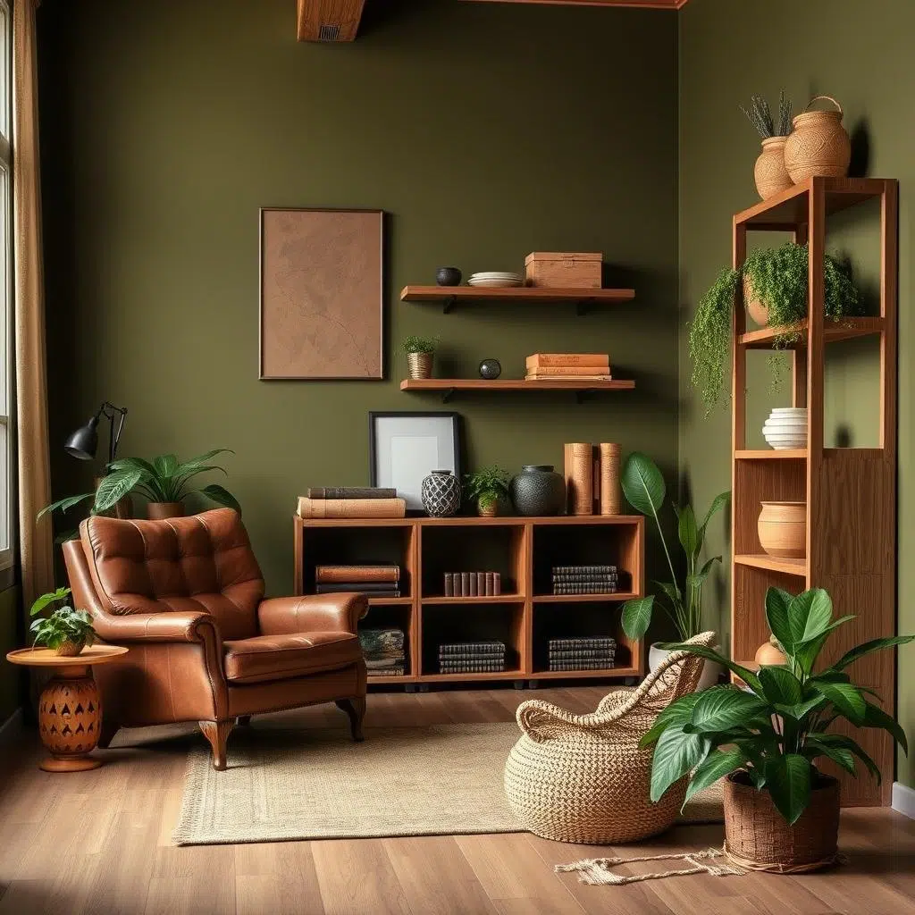 Olijfgroene muur met bruine meubels Olijfgroene muur met bruine meubels