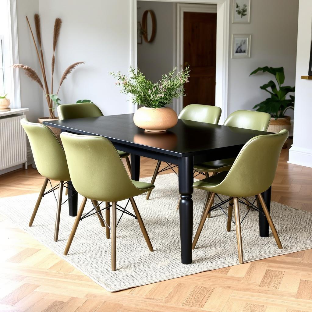 Olijfgroene stoelen bij een zwarte tafel voor een natuurlijke uitstraling Olijfgroene stoelen bij een zwarte tafel voor een natuurlijke uitstraling
