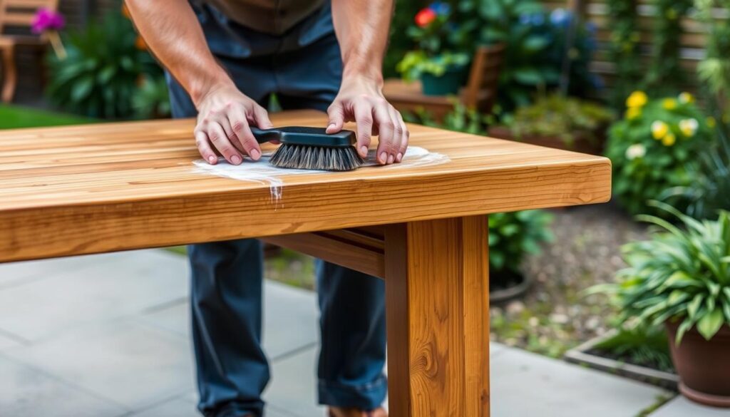 Onderhoud van een tafel met milde zeep en zachte borstel