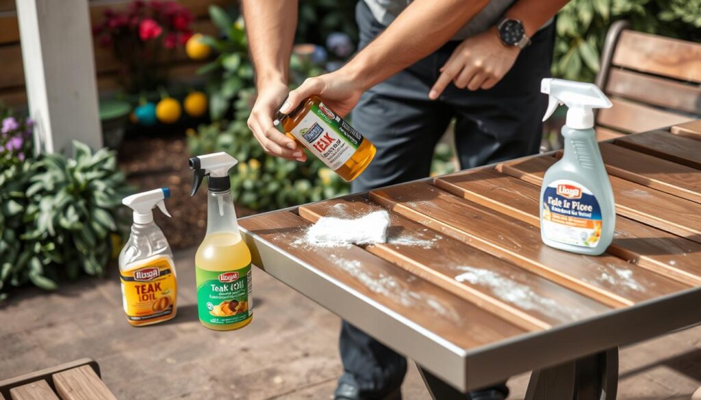Onderhoud van een tuintafel met reinigingsmiddelen en tools