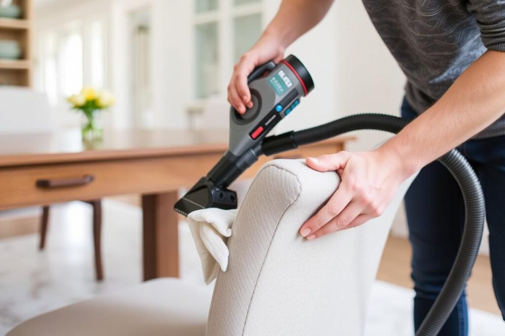 Onderhoud van gestoffeerde eetkamerstoel met stofzuiger, demonstreert hoe regelmatig onderhoud de levensduur van eetkamerstoelen verlengt Onderhoud van gestoffeerde eetkamerstoel met stofzuiger, demonstreert hoe regelmatig onderhoud de levensduur van eetkamerstoelen verlengt