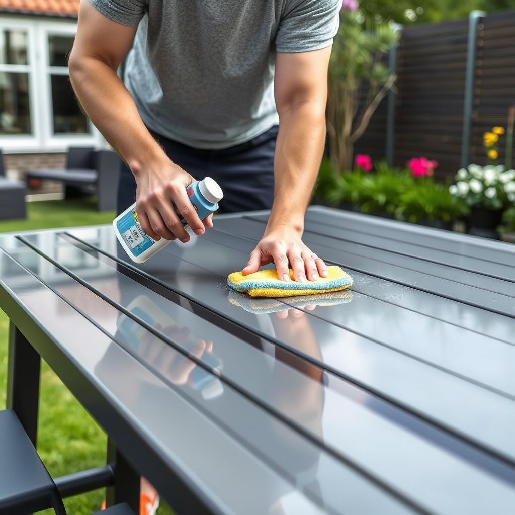 Onderhoud van kunststof tuintafel in een Nederlandse achtertuin Onderhoud van kunststof tuintafel in een Nederlandse achtertuin