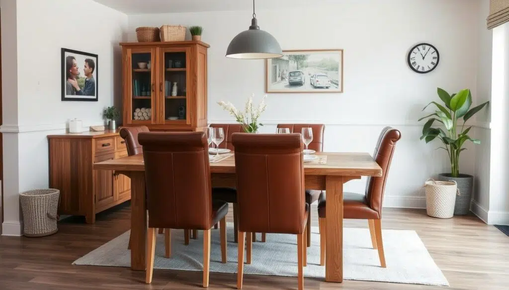 Onderhoudsvriendelijke leren stoelen bij een robuuste houten eettafel, stoelen bij houten eettafel Onderhoudsvriendelijke leren stoelen bij een robuuste houten eettafel, stoelen bij houten eettafel