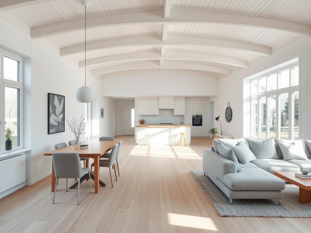 Open indeling van een Scandinavisch huis met vloeiende overgang tussen keuken, eetkamer en woonkamer Open indeling van een Scandinavisch huis met vloeiende overgang tussen keuken, eetkamer en woonkamer