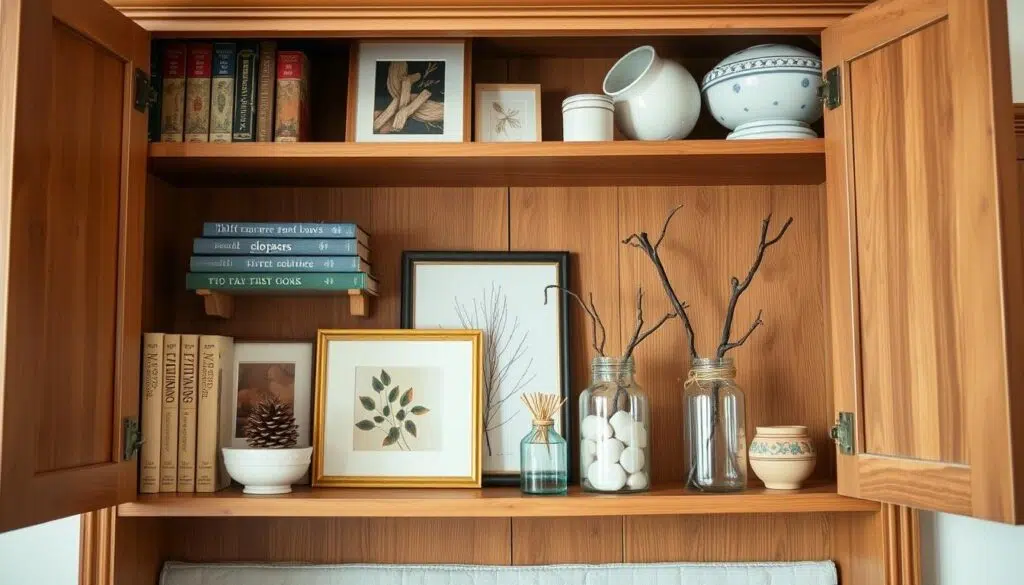 Open kasten gestyled met budgetvriendelijke items zoals tweedehands boeken, zelfgemaakte kunst en natuurlijke elementen Open kasten gestyled met budgetvriendelijke items zoals tweedehands boeken, zelfgemaakte kunst en natuurlijke elementen