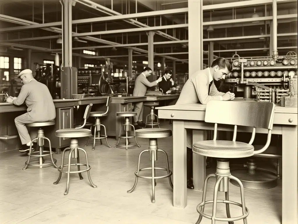 Originele industriële stoelen uit een oude fabriek uit de vroege 20e eeuw Originele industriële stoelen uit een oude fabriek uit de vroege 20e eeuw