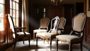 Vijf oude eetkamerstoelen met een houten frame en stoffen zittingen in een kamer.