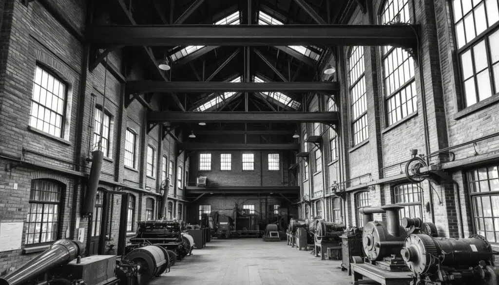 Oude fabriek uit de industriële revolutie met bakstenen muren en stalen constructies