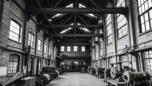 Interieur van een oude fabriek met bakstenen muren en stalen constructies, zichtbaar in zwart-wit.