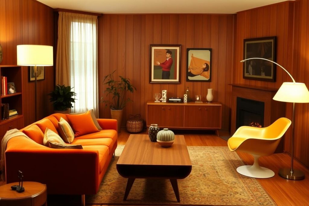 Oude woonkamer met iconische meubels zoals een Tulip stoel en lage salontafel Oude woonkamer met iconische meubels zoals een Tulip stoel en lage salontafel