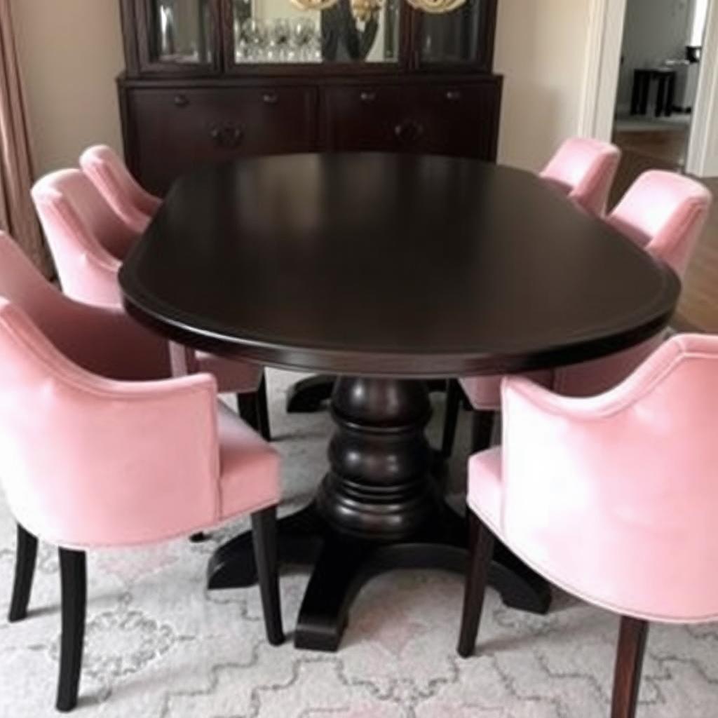 Oudroze fluwelen stoelen bij een donkere houten tafel voor een zachte uitstraling Oudroze fluwelen stoelen bij een donkere houten tafel voor een zachte uitstraling