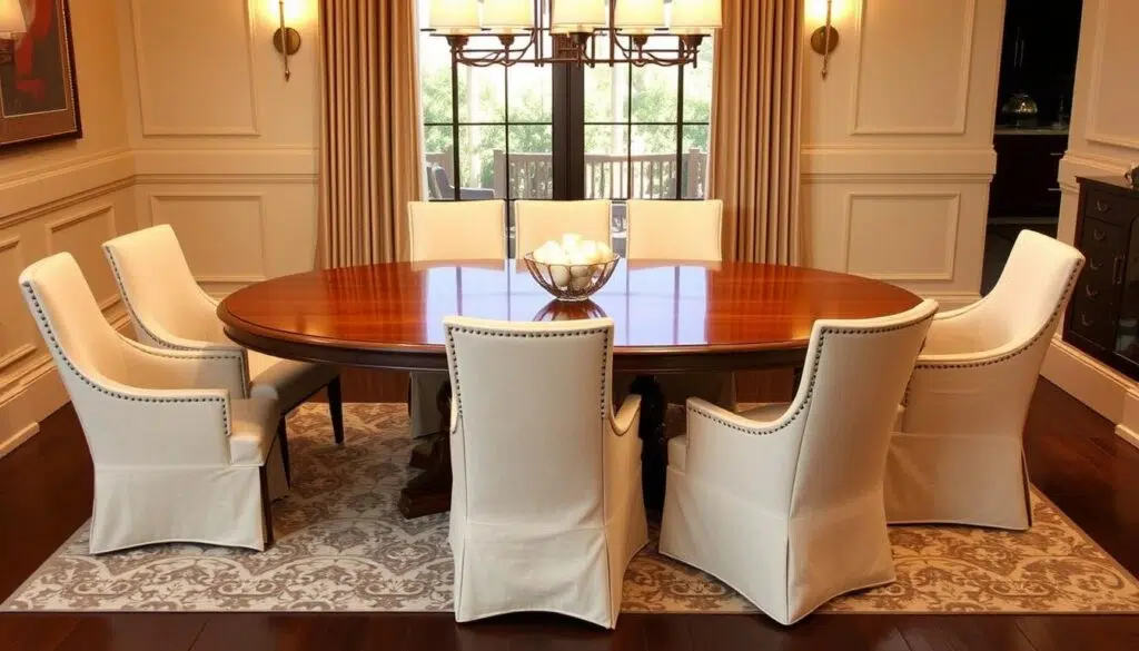 Ovale eettafel met het optimale aantal eetkamerstoelen geplaatst voor maximaal comfort Ovale eettafel met het optimale aantal eetkamerstoelen geplaatst voor maximaal comfort