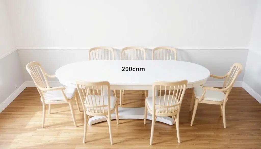 Ovale eettafel van 200 cm lengte met stoelen eromheen Ovale eettafel van 200 cm lengte met stoelen eromheen