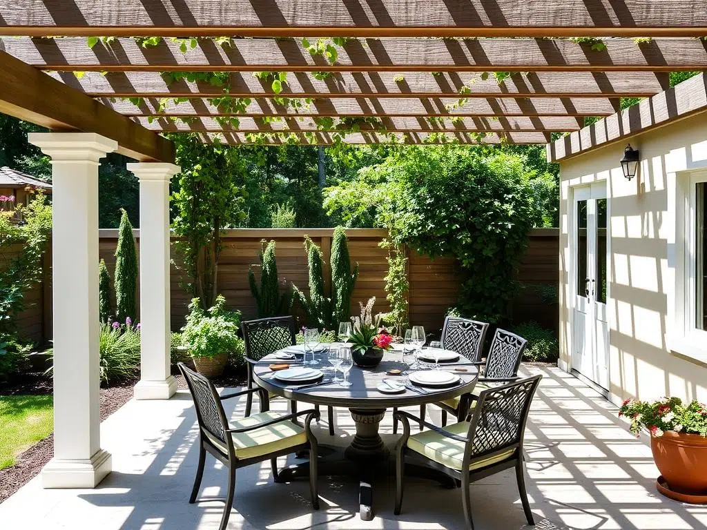 Overdekte buitenruimte met eettafel onder een pergola Overdekte buitenruimte met eettafel onder een pergola