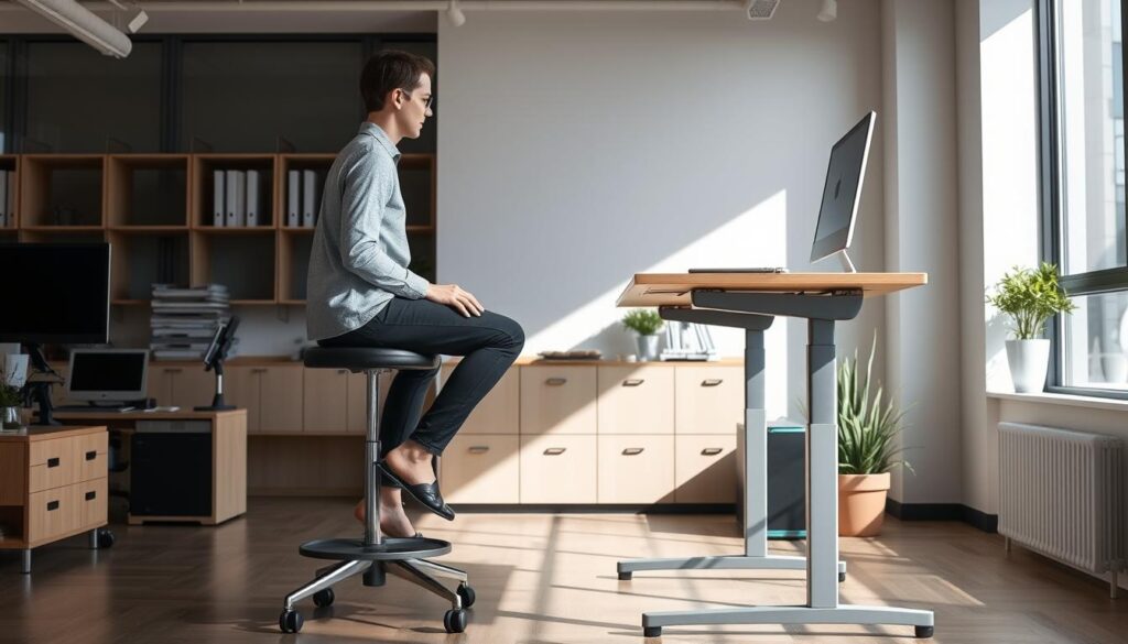 Persoon die afwisselt tussen zitten op een stoel staan bij een zit-sta bureau