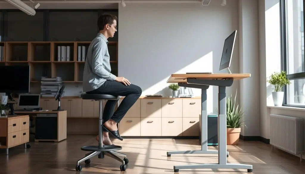 Persoon die afwisselt tussen zitten op een stoel staan bij een zit-sta bureau Persoon die afwisselt tussen zitten op een stoel staan bij een zit-sta bureau