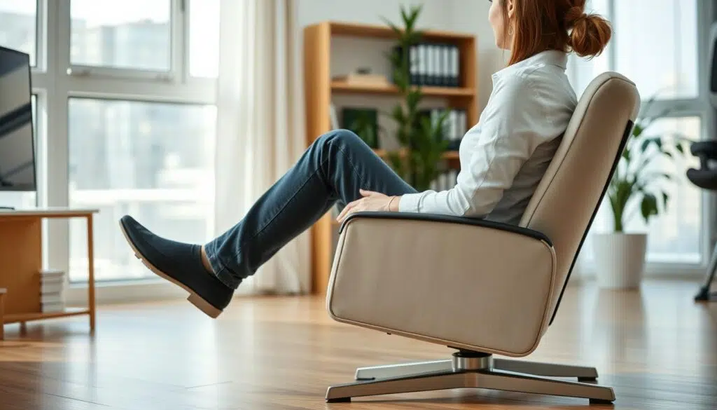 Persoon die comfortabel zit met correcte ergonomische houding dankzij ideale zithoogte Persoon die comfortabel zit met correcte ergonomische houding dankzij ideale zithoogte