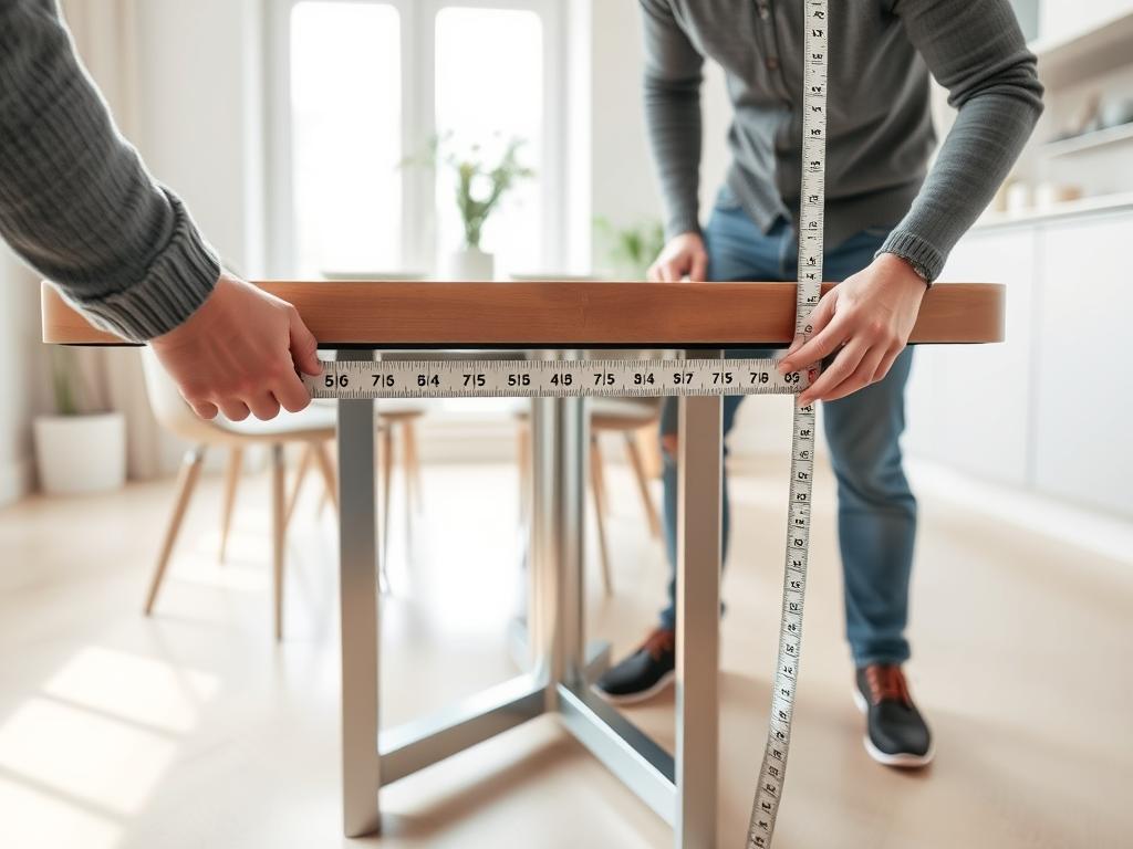 Persoon die de hoogte van een eettafel meet met een meetlint Persoon die de hoogte van een eettafel meet met een meetlint