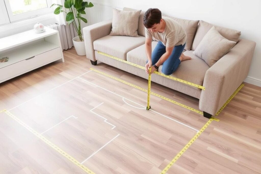 Persoon die de ruimte voor een bankstel opmeet in een woonkamer Persoon die de ruimte voor een bankstel opmeet in een woonkamer