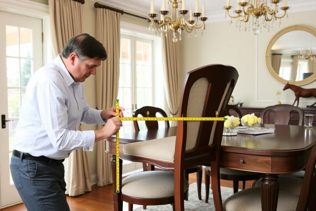 Persoon die een eetkamerstoel test op de juiste hoogte bij een eettafel Persoon die een eetkamerstoel test op de juiste hoogte bij een eettafel