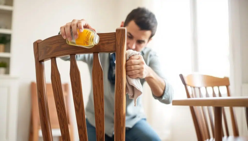 Persoon die een houten eetkamerstoel onderhoudt met speciale houtproducten, toont hoe goed onderhoud de levensduur van eetkamerstoelen verlengt Persoon die een houten eetkamerstoel onderhoudt met speciale houtproducten, toont hoe goed onderhoud de levensduur van eetkamerstoelen verlengt
