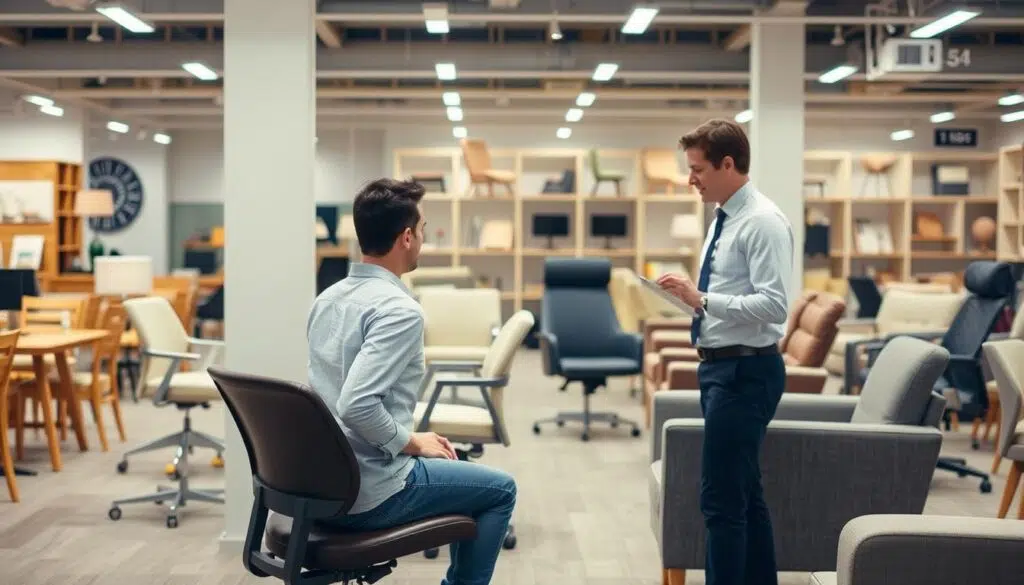 Persoon die een stoel test in een meubelshowroom, met focus op zithouding en comfort Persoon die een stoel test in een meubelshowroom, met focus op zithouding en comfort
