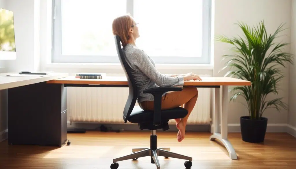 Persoon die ergonomisch correct zit op een bureaustoel Persoon die ergonomisch correct zit op een bureaustoel
