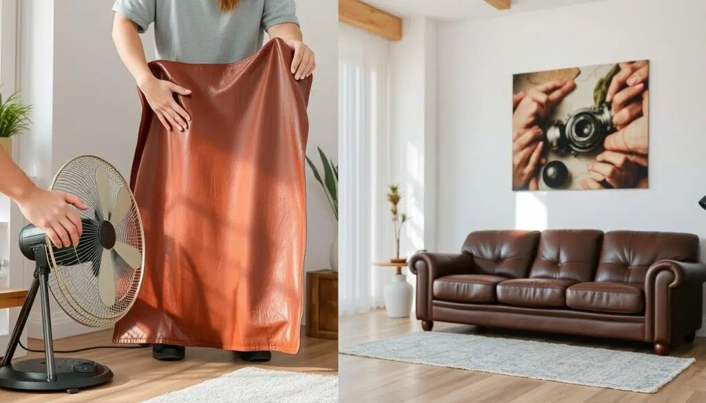 Persoon die leer laat drogen na reiniging Persoon die leer laat drogen na reiniging