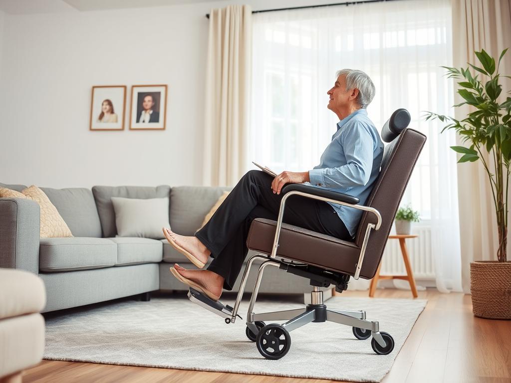 Persoon die moeiteloos op een stoel met wieltjes beweegt in een woonkamer